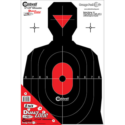 Caldwell Silhouette Dual Zone Targets enhance defensive shooting skills with high visibility Flake Off technology and a 2:1 size ratio for realistic practice.