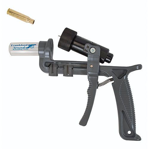 Frankford Arsenal Platinum Series Hand Deprimer offers easy, efficient depriming of brass from .20 cal to .338 Lapua, capturing spent primers for convenience.