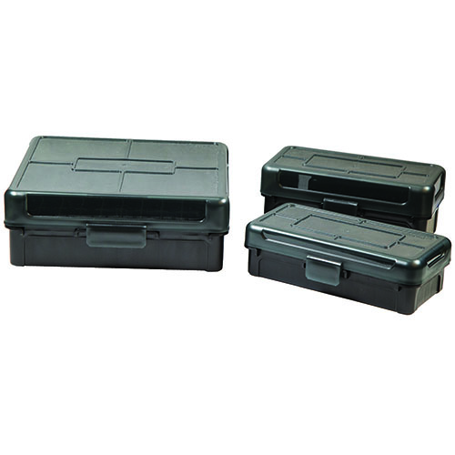 Frankford Arsenal Hinge-Top Ammo Box features a strong mechanical hinge, stackable design, and label space, perfect for .17 Hornet, .22 Hornet, and .30 Carbine.