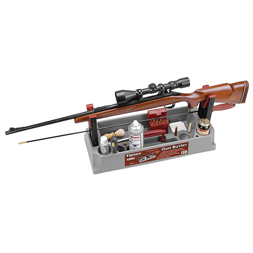 Tipton Gun Butler™ is an all-in-one solution for cleaning, carrying, and storing firearms, featuring removable forks, organized compartments, and a convenient handle.