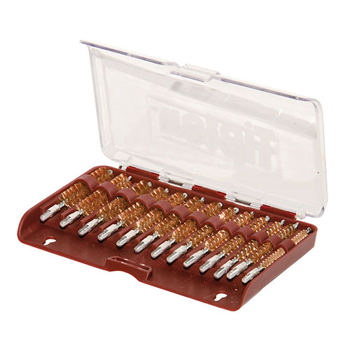 Tipton 13 Piece Bronze Bristle Rifle Bore Brush Set offers caliber-specific brushes in a durable box, featuring premium phosphor bronze for effective cleaning from .17 to .45 caliber.