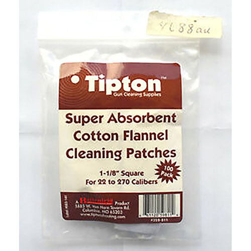 Tipton 22-270 Caliber Patches, 1.13" square, are made of 100% cotton flannel, precisely cut for optimal use with Tipton® Jags, ensuring effective cleaning.