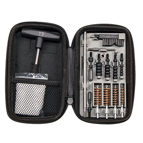 Tipton Compact Pistol Cleaning Kit offers versatile cleaning for .22-.45 calibers in a durable, portable case, perfect for travel and home organization.