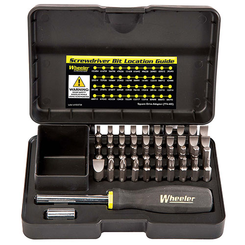 Wheeler's 43 pc Gunsmithing Screwdriver Set features precision bits for all firearms, preventing screw damage and including specialty bits for versatile tasks.