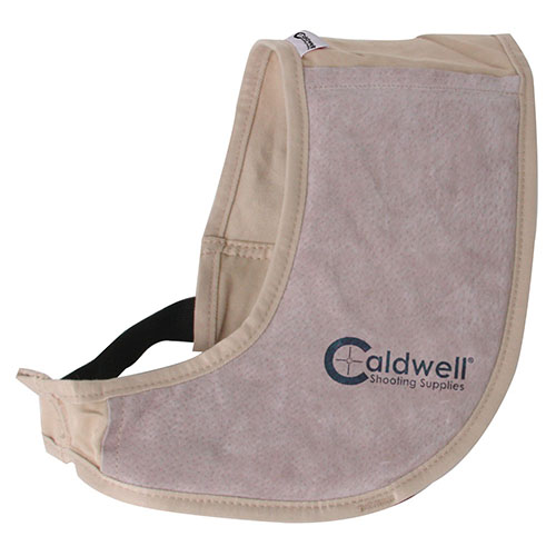 Caldwell Field Recoil Shield offers lightweight, ambidextrous design with adjustable fit, leather faces for stability, and 1/4" energy-absorbing pad for shotgun recoil protection.