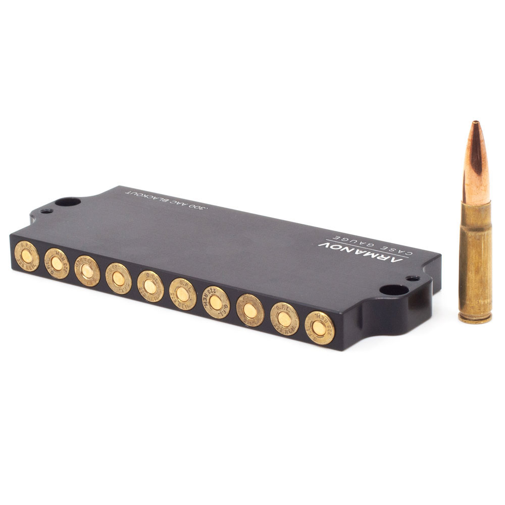 Precision ARMANOV Case Gauge for .300 AAC Blackout, stackable design for 10 rounds, quick ammo sorting, reduces malfunctions, saves time and effort.