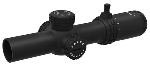 FALKE 1-8x24 SAS Scope offers precision 0.1 MRAD adjustments, quick magnification control, waterproof design, and durable construction for unmatched shooting performance.