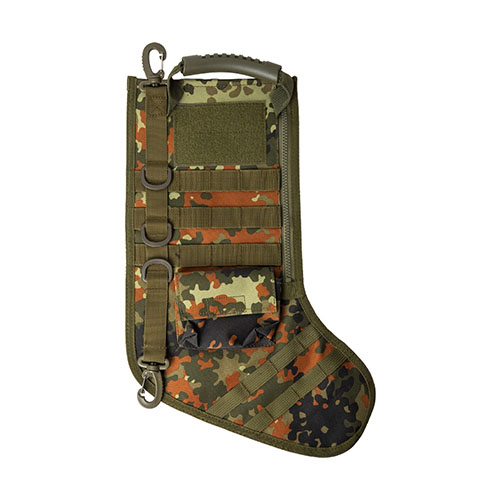 Tactical Christmas Stocking features durable materials, MOLLE system for customization, quick-access pockets, and ample storage for all your holiday gear.