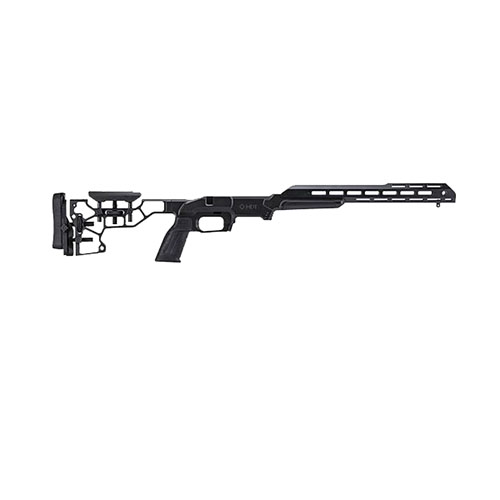 MDT ESS Chassis System Kit offers ultimate ergonomics with an adjustable buttstock, 15" forend, ambidextrous magazine latch, and V-block bedding for stability.