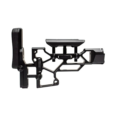 MDT Skeleton Rifle Stock V5 Short offers toolless adjustments for optimal comfort, with customizable cheek riser and buttpad fit for TAC21, LSS-XL, and HS3 chassises.