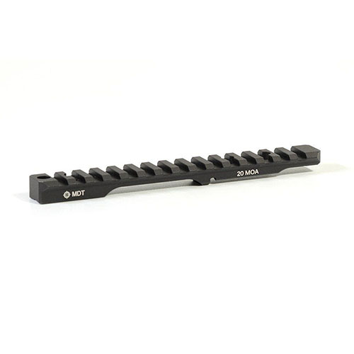 MDT Picatinny Scope Base 20 MOA offers easy mounting, durable 6061-T6 aluminum, flush fit, 20 MOA incline for elevation, and compatibility with left-handed actions.