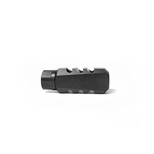 MDT Elite Muzzle Brake .223 reduces recoil by up to 66%, improving follow-up shot speed and accuracy, with a durable alloy steel build and adjustable lock nut.