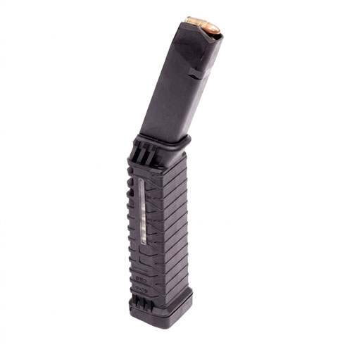 Schmeisser S50 G17 MLE adds +33 rounds to Glock 17, totaling 50 rounds; compact design, tool-free assembly, ultra-durable, and quick round counter.