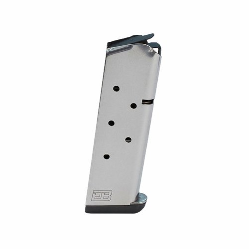 Reliable 1911 7-round magazine made from heat-treated stainless steel, ensuring flawless feeding with all ammo types and customizable base pads for versatility.