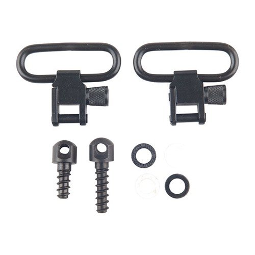 Grovtec US Rifle Sling Swivel Sets feature all-steel construction for durability, quick-detach for multiple rifles, and secure locking to prevent accidental opening.