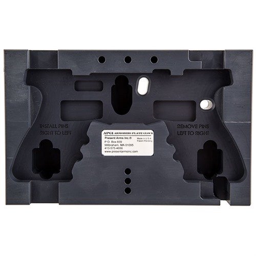 Armorer's Plate for Glock offers an ergonomic hands-free work station for easy disassembly, with specific cuts for pin removal and a 360° rotating magazine mount.