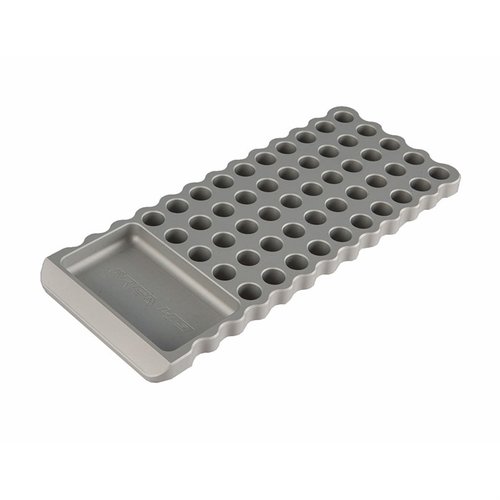 Area 419 Billet Loading Block offers 50 precise holes for various calibers, rubber pads for stability, and a design to prevent tipping and powder spills.