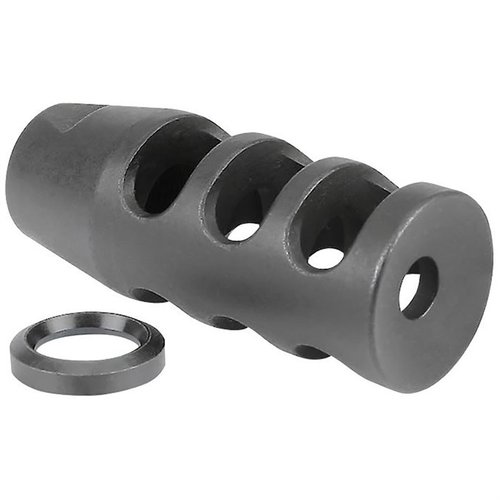 AR-15 Muzzle Brake reduces muzzle rise with a three chamber design, made of durable tool steel, featuring 1/2-28 threads, and includes a crush washer.