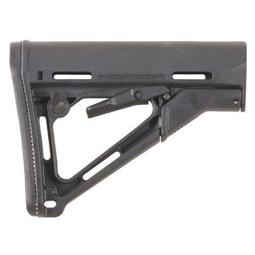 AR-15 CTR Stock features a friction locking system for stability, quick length adjustments, and a comfortable design, fitting mil-spec buffer tubes.