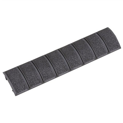 Tough polymer Picatinny rail cover protects hands and rails, improves grip with a pebble texture, and fits multiple handguards for versatile accessory use.