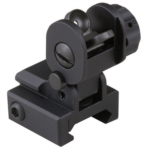 AR-15 flip-up rear sight offers lightweight aluminum construction, quick deployment, and co-witness capability with red-dot sights for precise targeting.