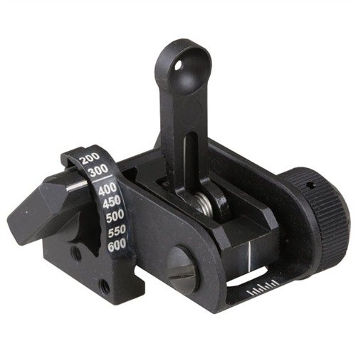 MATECH AR-15 USGI Backup Iron Rear Sight offers quick flip-up, robust steel construction, 8 range settings, and co-witnessing with optical sights for reliable targeting.