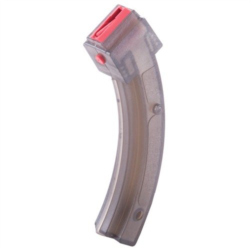 Vysoce kapacitní 25rd zásobník pro Ruger 10/22 s odolným polykarbonátovým tělem, červenými zásobníkovými ústími a průhledným designem pro snadnou kontrolu stavu munice.