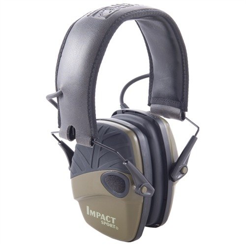 Howard Leight Impact Sport Electronic Earmuffs provide hearing protection, amplify ambient sounds, and feature a low-profile design for firearm clearance.