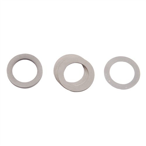 Hardened steel shims for precise alignment of flash suppressors, muzzle brakes, and compensators; offers adjustable rotation for optimal fit and performance.