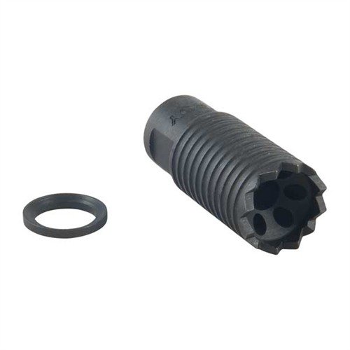 TROY INDUSTRIES AR .308 Claymore Muzzle Brake directs noise forward, reduces recoil, features a unique breeching design, and is inscribed with "Point Toward Enemy".