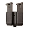 DOUBLE MAG CASE offers double capacity, built-in tension spring for secure hold, adjustable belt clip, and a slim profile, fitting various magazine sizes.