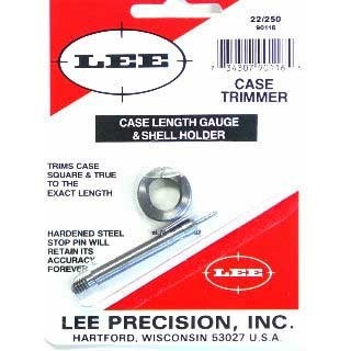 Lee Case Length Gauge ensures precise trimming and squaring of the case mouth for 22/250 Rem, compatible with Cutter and Lock Stud for easy use.