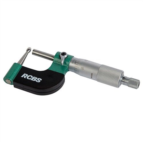Ekonomický Vernier ball micrometer RCBS s přesností .0001" a rozsahem 0-1". Kovové tělo, zajištění tlaku a zámek thimbu pro přesné měření.