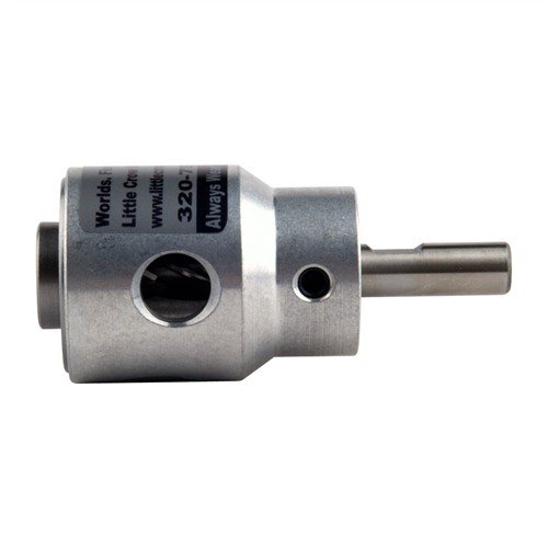 LITTLE CROW GUNWORKS "World's Finest Trimmer" efficiently trims 8-10 cases per minute using an electric drill, featuring durable aluminum and stainless steel construction.