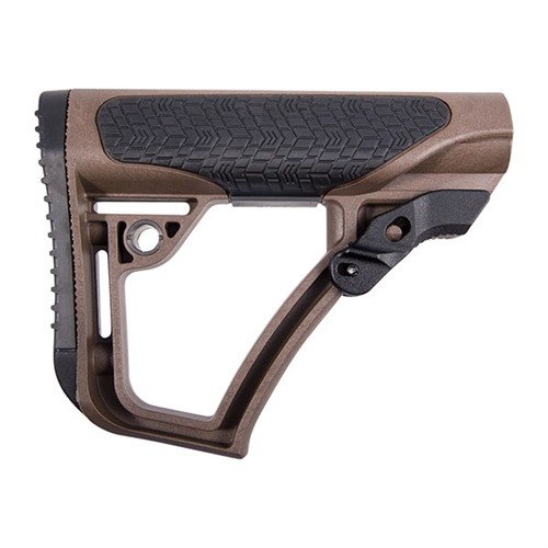 Daniel Defense Collapsible Buttstock offers enhanced cheekweld, quick sling attachment, adjustable fit for Mil-Spec buffer tubes, available in black and Milspec+ Brown.