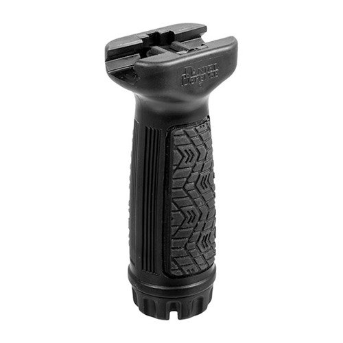 Daniel Defense Vertical Foregrip offers a soft touch grip for comfort, mounts on Picatinny rails, and includes waterproof storage with dual O-rings, in black or brown.