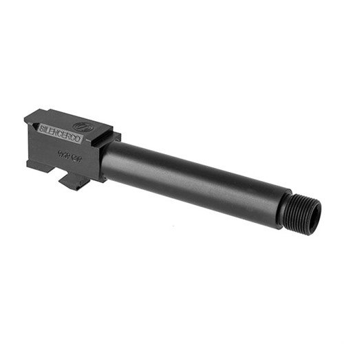 Silencerco's threaded barrels for Glock® are crafted from durable 416R stainless steel, available in black nitride or natural finishes, fitting Gen 3 & 4 models.