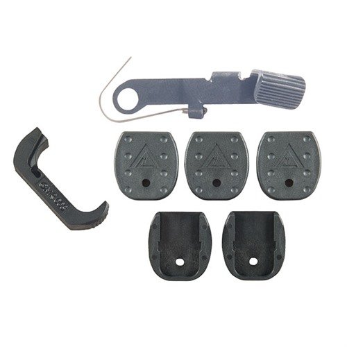 Vickers Glock Accessory Pack offers fast mag changes with an extended release, durable floor plates for grip, and improved thumb pad for quick access.