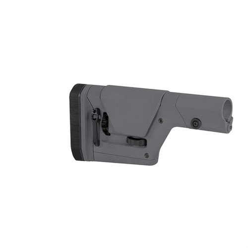 The MAGPUL PRS GEN3 stock offers adjustable length of pull and cheek height, enhanced durability, and versatile mounting options for precision shooting.