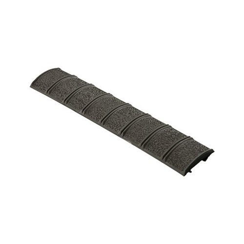 Tough polymer AR-15 Picatinny rail cover enhances grip, protects hands from sharp edges, and shields rails from damage, fitting 15 rail slots.