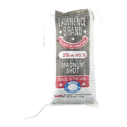 LAWRENCE BRAND SHOT #5 Magnum Lead Shot offers tight patterns, deep penetration, and smooth flow through reloaders, made from high-antimony alloy for extra hardness.