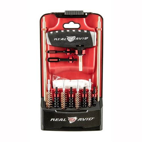 Real Avid Gun Boss Pro Handgun Cleaning Kit cleans .22 LR to .45 ACP handguns with a sectioned rod, four brushes, 25 patches, and a portable case.