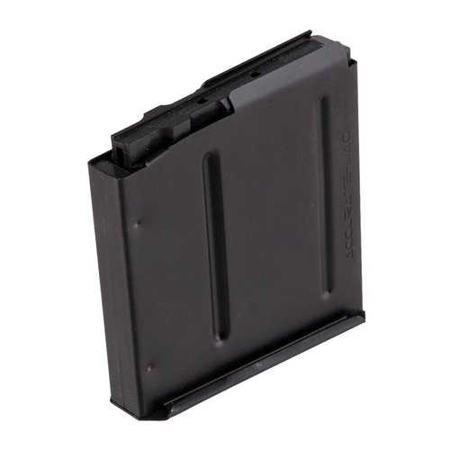 Accurate-Mag AICS-Pattern 30-06 Springfield Single-Stack Mag offers reliable feeding, durable steel construction, heat-treated finish, and 5-round capacity.