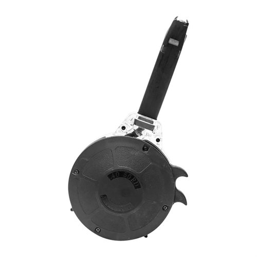 KCI 50RD drum magazine for Glock 22/23 offers high capacity, durable construction, quick load lever, and compatibility with .40 S&W carbines.
