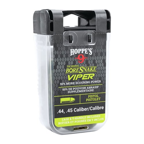 Pistol Viper Bore Snake offers a 3-in-1 cleaning solution with 50% more scrubbing surface, protecting rifling while being washable and reusable with a convenient storage case.