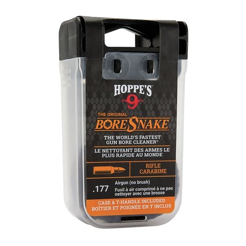 AIRGUN BORE SNAKE .177 Caliber offers quick, effective cleaning with built-in brush, is washable, reusable, and conveniently stored in a compact 'den' case.