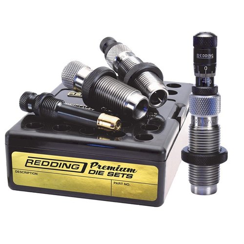 Redding 9mm Luger Die Set features Titanium Carbide-sizing, TiN-coated expander for durability, and precise Bullet Seating Micrometer for unmatched control.