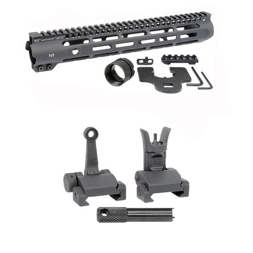 AR-15 Slim Line Handguard offers M-LOK points and a Picatinny rail, paired with Flip-Up Combat Sights for enhanced accuracy and versatility.