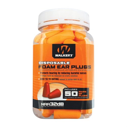 Walkers Foam Ear Plugs offer 25 dB noise reduction, a neckband for easy access, and replacement plugs, ensuring effective hearing protection at the range.