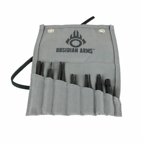 Obsidian Arms AR-15 12-Piece Punch Set includes all essential punches, made from durable 4140 alloy steel, with a lifetime warranty for peace of mind.